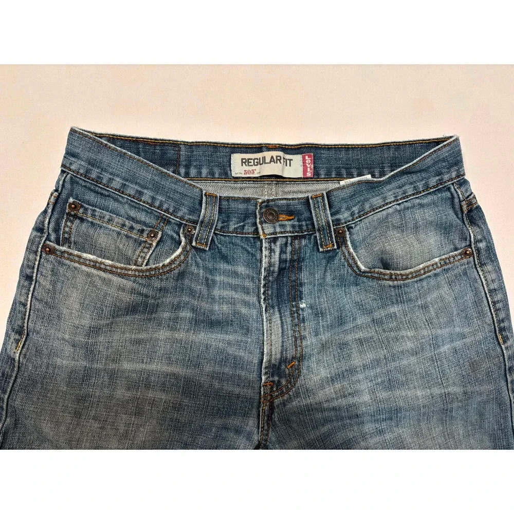 Levis 505 Regular Fit Jeans Mens W32 L32 Medium Wash Distressed Straight Leg